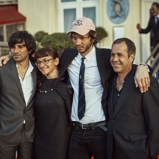 **Nicolas Engel**, réalisateur, **Fabienne Agado**, responsable du département cinéma du Moulin d'Andé-CÉCI et **Alexandre Chatelard**, compositeur, venus présenter *Le Géant d'Odessa* en compagnie de **Gonçalo Galvão Teles** réalisateur de *Gelo*