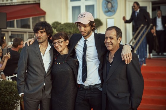 **Nicolas Engel**, réalisateur, **Fabienne Agado**, responsable du département cinéma du Moulin d'Andé-CÉCI et **Alexandre Chatelard**, compositeur, venus présenter *Le Géant d'Odessa* en compagnie de **Gonçalo Galvão Teles** réalisateur de *Gelo*