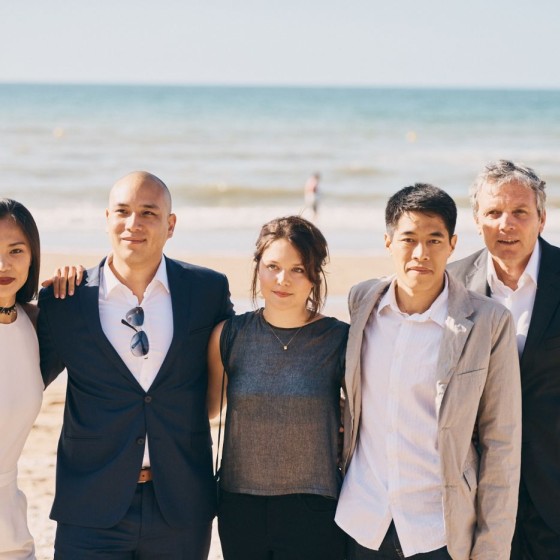 L'équipe du film  *L'âme du Tigre *: Xi Wang, Frédéric Siuen, Audrey Bastien, François Yang et Xavier Grin